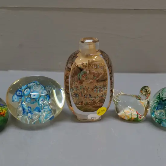 5 glass items - 3 paperweights, small duck figure, interior-painted bottle H-110
