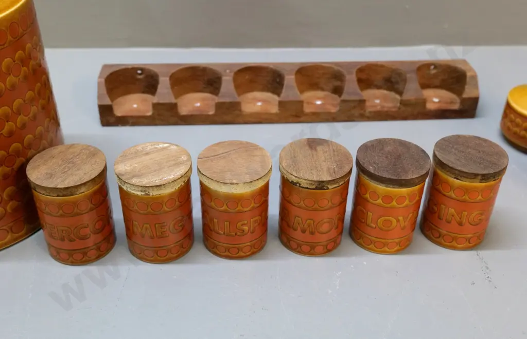 Hornsea 'Saffron' pattern storage jar w/timber lid H-200, oil & vinegar bottles, spice rack with 6 jars, wear to lids Image 1++