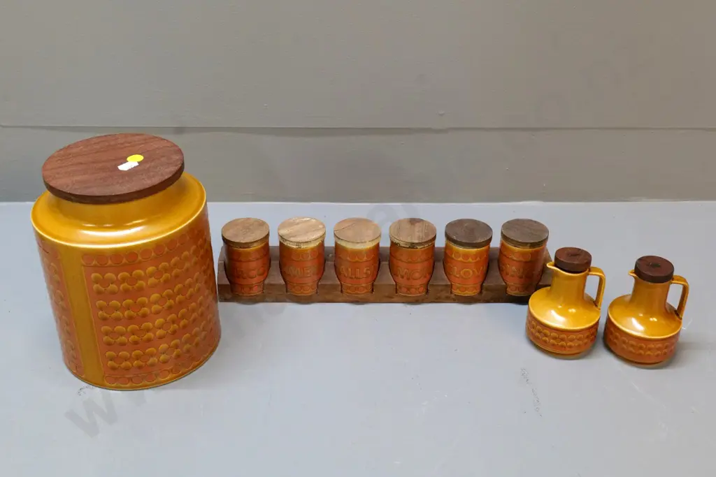 Hornsea 'Saffron' pattern storage jar w/timber lid H-200, oil & vinegar bottles, spice rack with 6 jars, wear to lids Image 1++