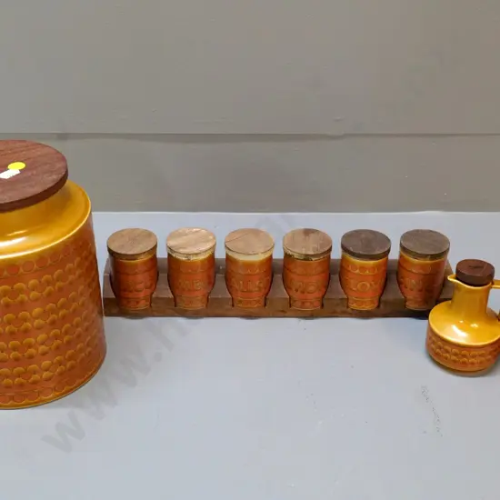 Hornsea 'Saffron' pattern storage jar w/timber lid H-200, oil & vinegar bottles, spice rack with 6 jars, wear to lids