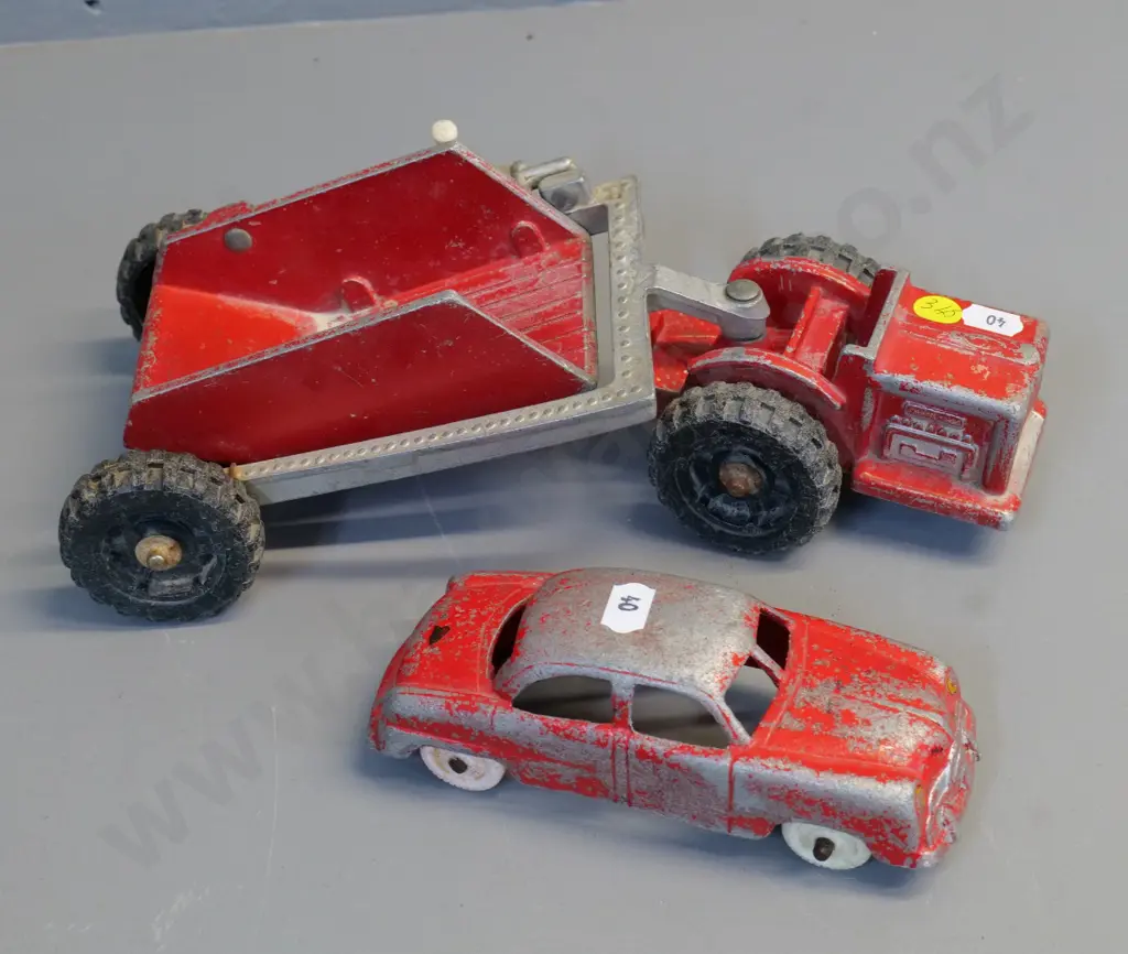 2 vintage Fun Ho die-cast vehicles - sedan and road tip loader with tipping bent mechanism not working Image 1++