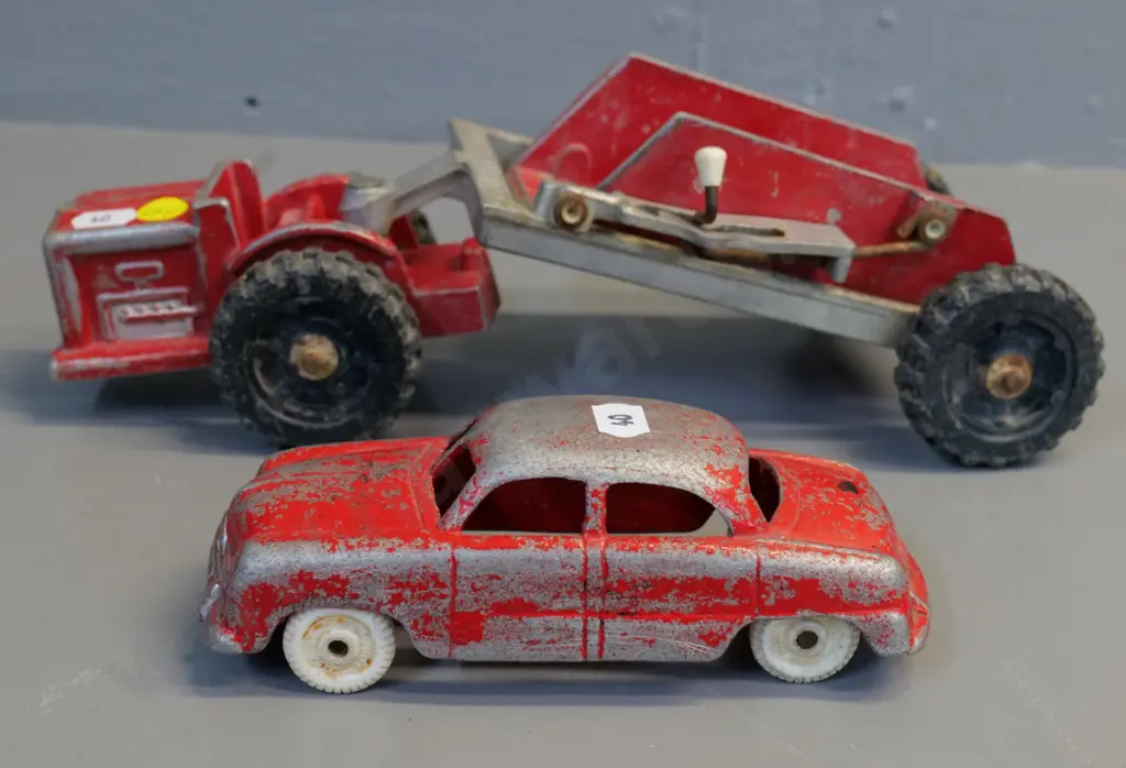 2 vintage Fun Ho die-cast vehicles - sedan and road tip loader with tipping bent mechanism not working Image 1++