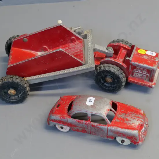 2 vintage Fun Ho die-cast vehicles - sedan and road tip loader with tipping bent mechanism not working
