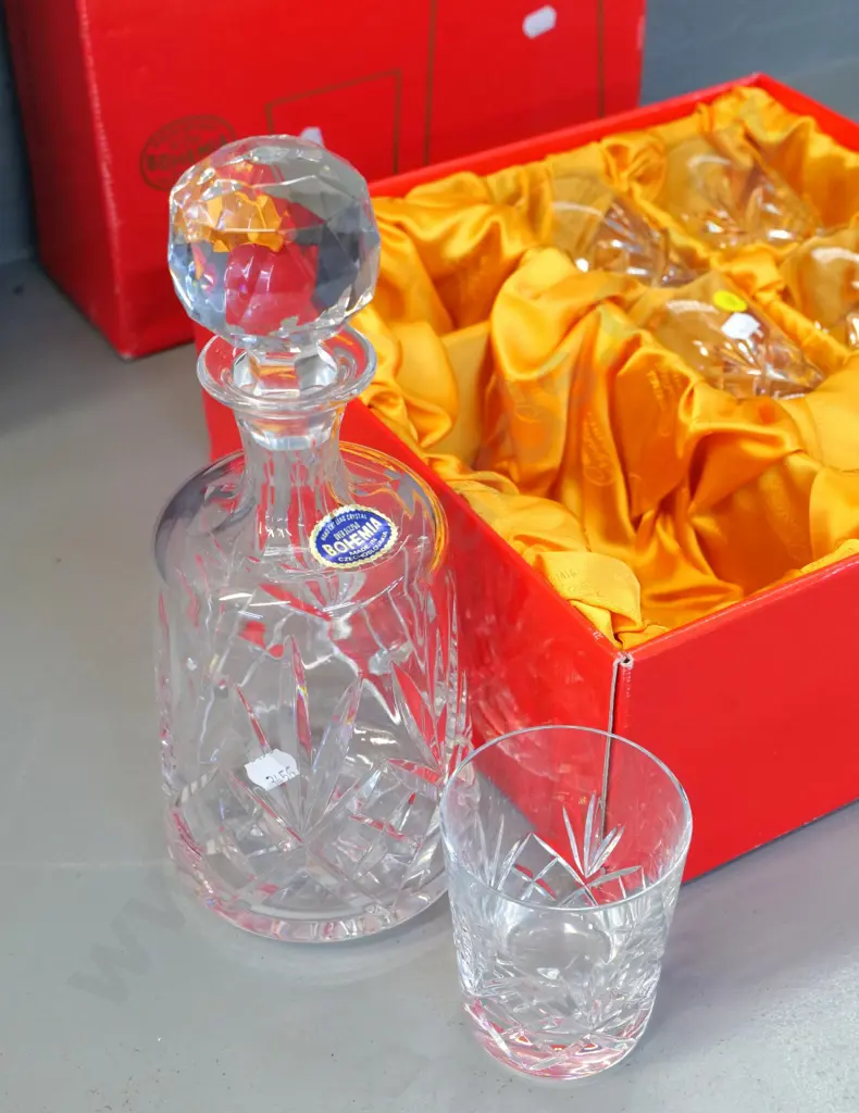 Bohemia cut crystal decanter and 6 tumblers set in original box. Decanter H-270 with stopper Image 1++