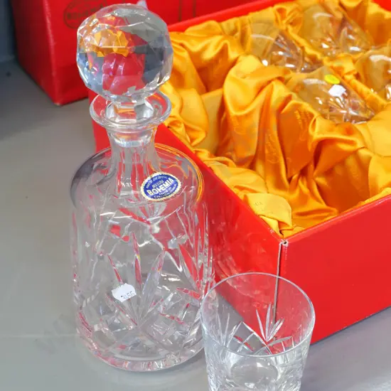 Bohemia cut crystal decanter and 6 tumblers set in original box. Decanter H-270 with stopper
