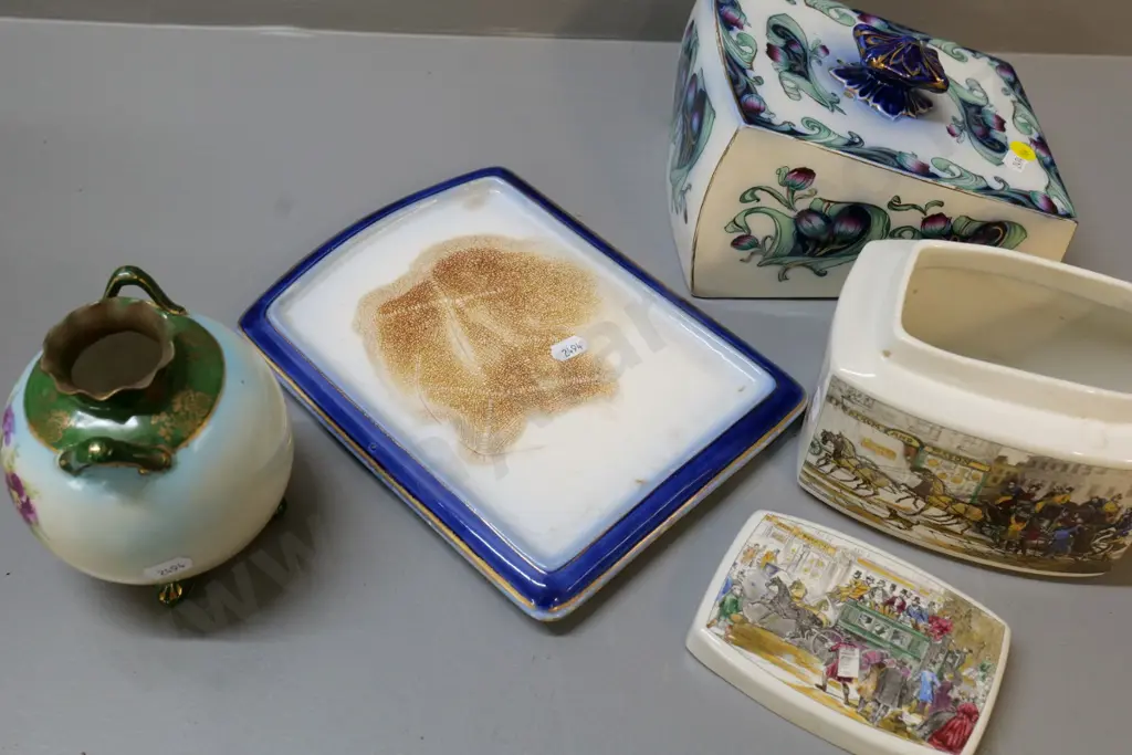 Burleigh cheese cover dish, some staining to base, Fortnum & Mason tea caddy, continental 4-footed vase Image 1++