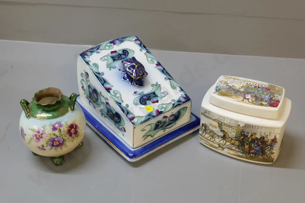 Burleigh cheese cover dish, some staining to base, Fortnum & Mason tea caddy, continental 4-footed vase Image 1++