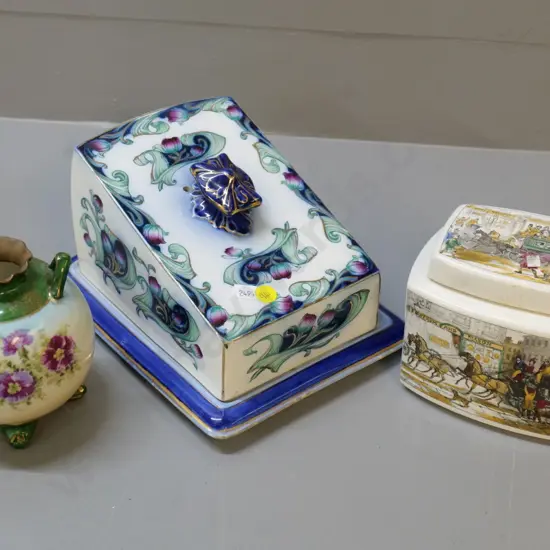 Burleigh cheese cover dish, some staining to base, Fortnum & Mason tea caddy, continental 4-footed vase