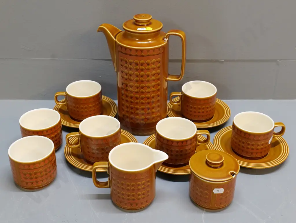 retro Hornsea 'Saffron' pattern coffee set - 5 cups & saucers, cream & sugar & 2 others - crack to coffee pot handle Image 1++