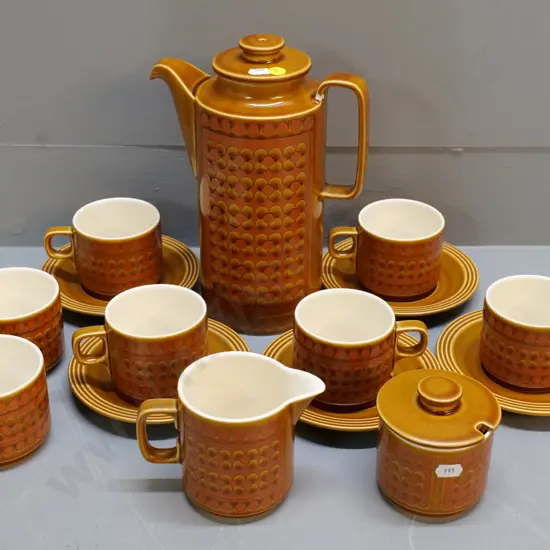 retro Hornsea 'Saffron' pattern coffee set - 5 cups & saucers, cream & sugar & 2 others - crack to coffee pot handle