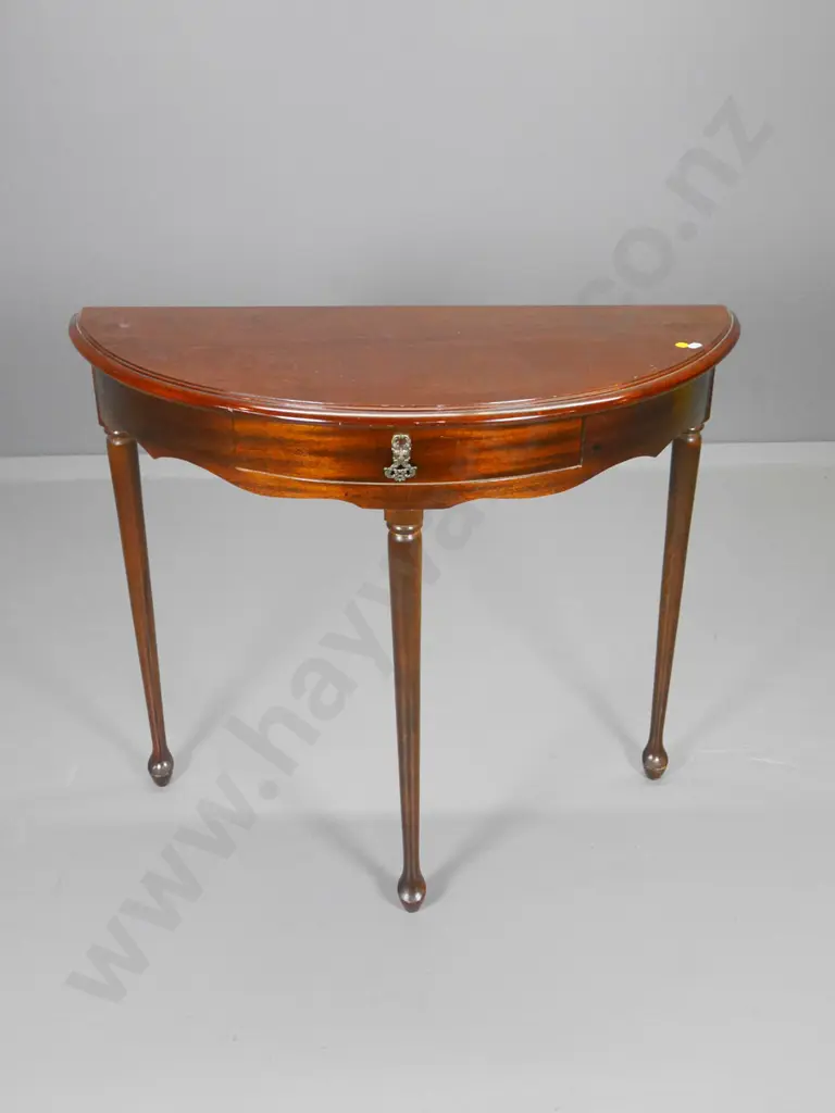 reproduction mahogany cab-leg half-round hall table with drawer, brass handle, some marks to polish H690 W790 D345 Image 1++