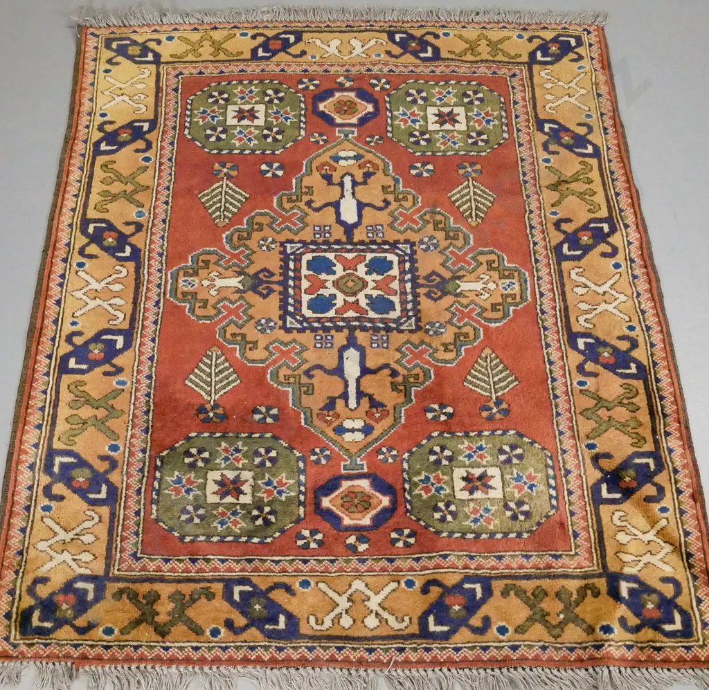 small Persian style hand-knotted wool floor rug - browns, red and green L1210 W1040 Image 1++