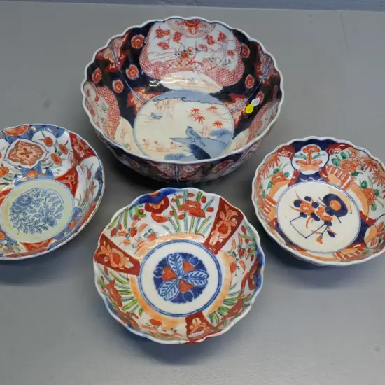vintage Japanese Imari porcelain: 4 bowls - 3 have damage or repairs. Large one H-120 D-250 has crack