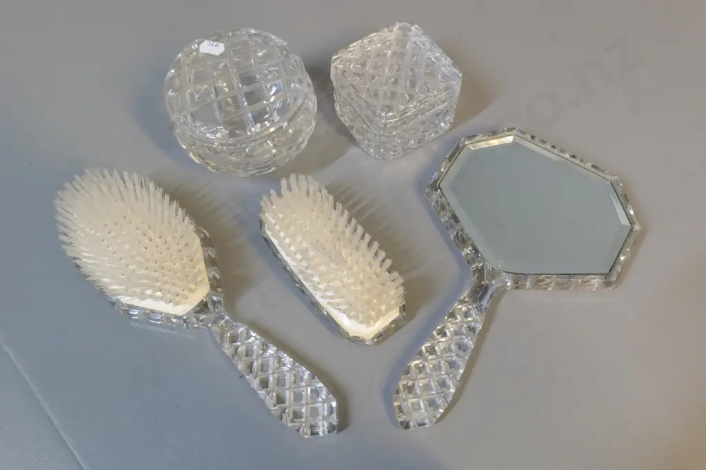 cut crystal dressing table set - mirror, 2 brushes, 2 lidded pots Image 1++