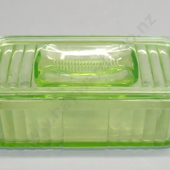 green uranium glass lidded (butter?) container H-80 L-220 D-110