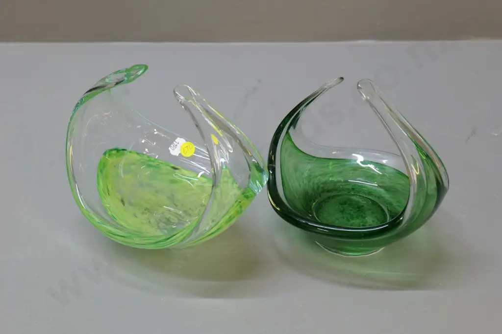 2 green & clear art glass baskets - slightly larger is H-170 L-180 Image 1++