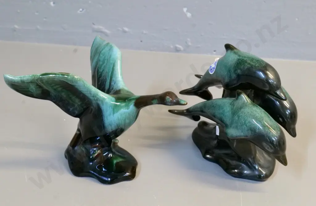 2 Blue Mountain animal figures - goose taking off and a trio of leaping dolphins - both approx H-160 Image 1++