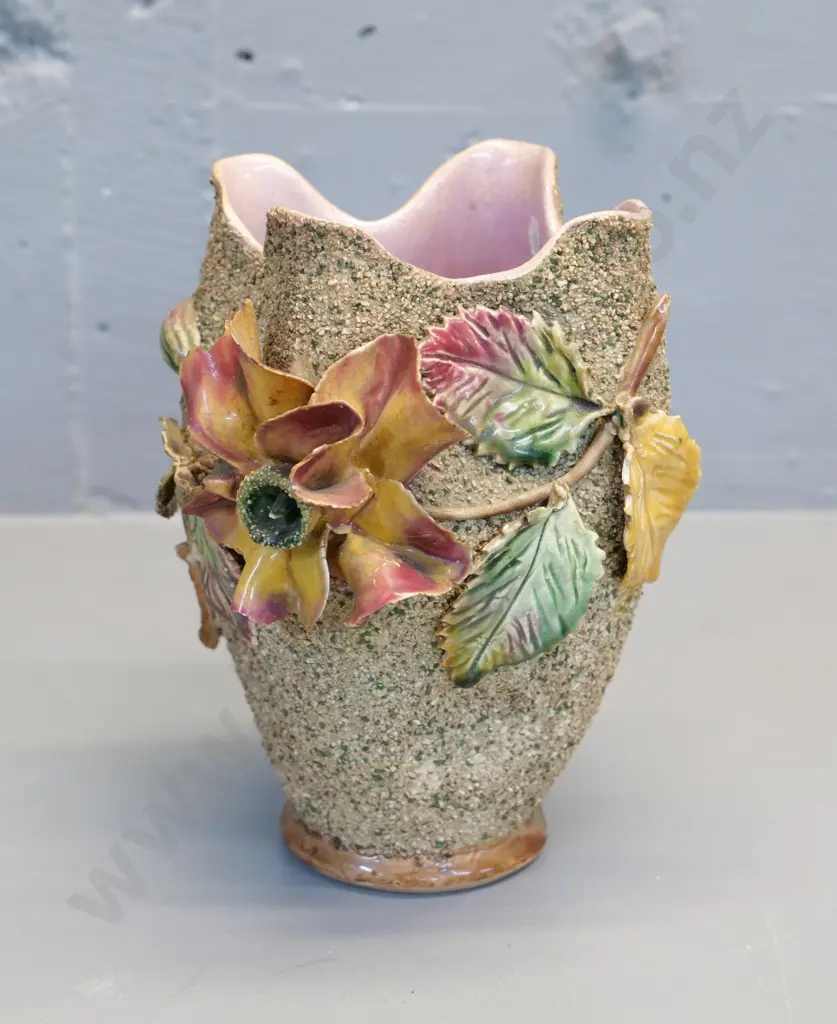 (Milton potteries?) majolica vase with ceramic hail & applique flowers - some damage to flowers H-200 Image 1++