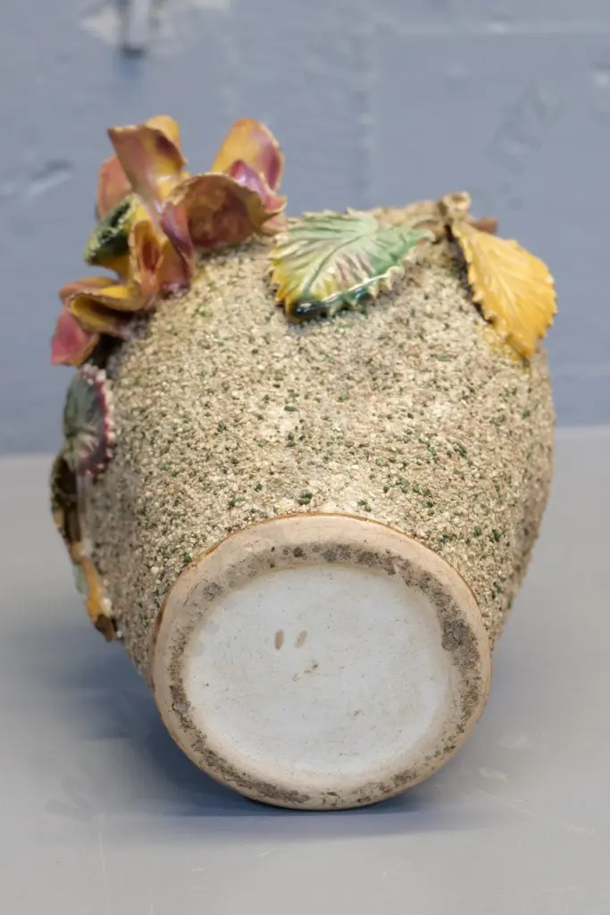 (Milton potteries?) majolica vase with ceramic hail & applique flowers - some damage to flowers H-200 Image 1++