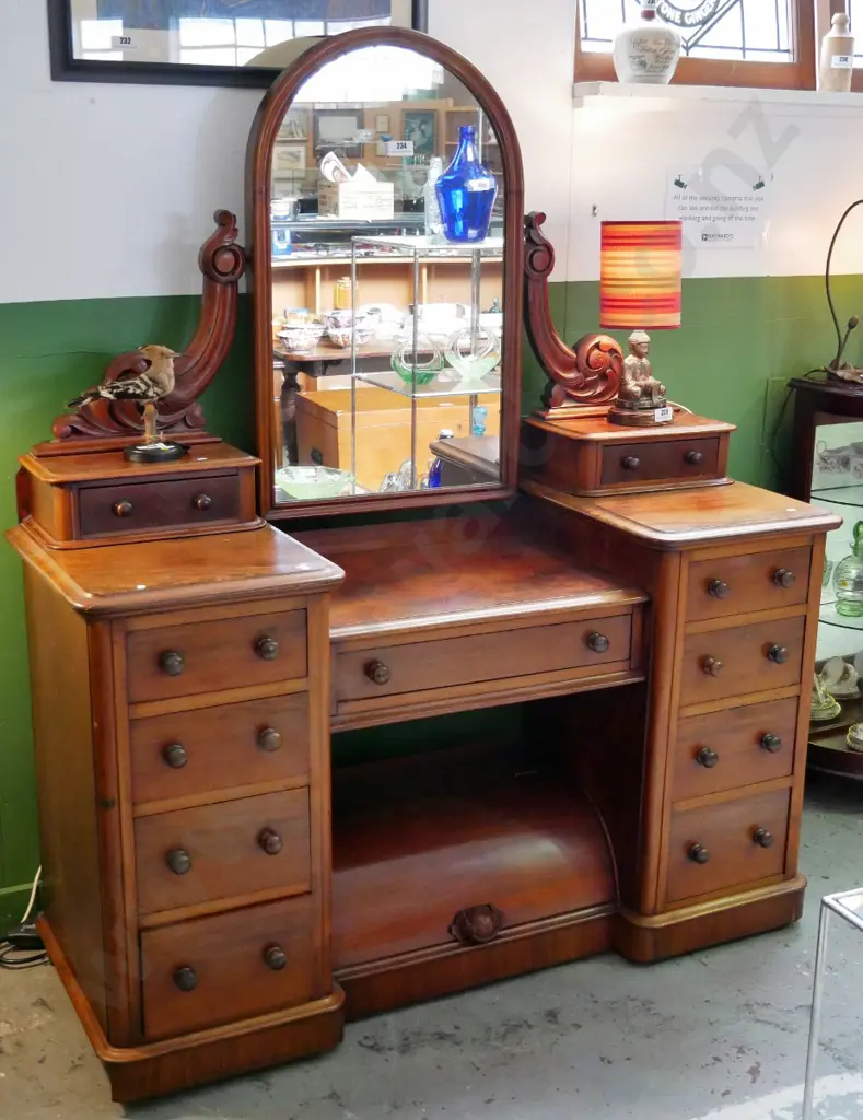 Victorian dressing table w/11 drawers, mirror on carved brackets, barrel lid compartment, splits, faults H1700 W1430 520 Image 1++