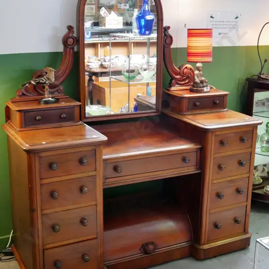 Victorian dressing table w/11 drawers, mirror on carved brackets, barrel lid compartment, splits, faults H1700 W1430 520