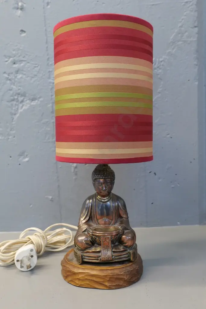 cast brass Buddha table lamp with copper finish, wooden base, striped shade H-390 D-160 Image 1++
