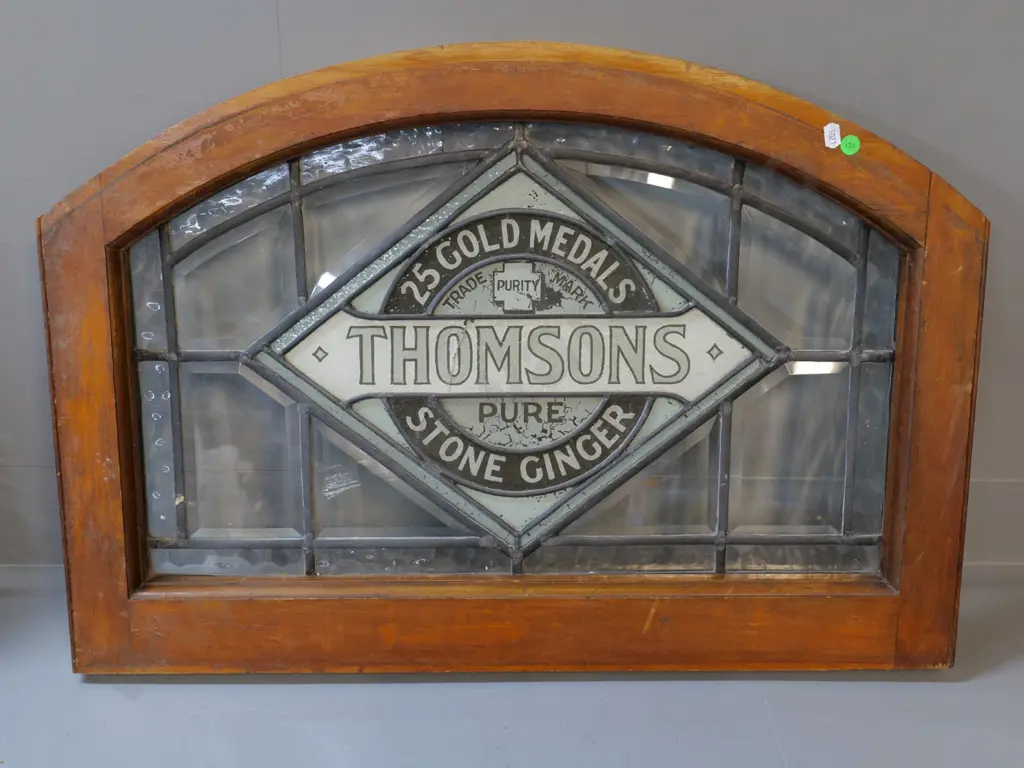Thomsons advertising soft drink label leadlight glass wood framed window, (glass has been painted) Image 1++