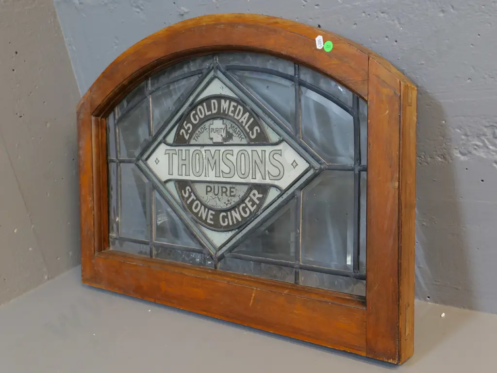 Thomsons advertising soft drink label leadlight glass wood framed window, (glass has been painted) Image 1++