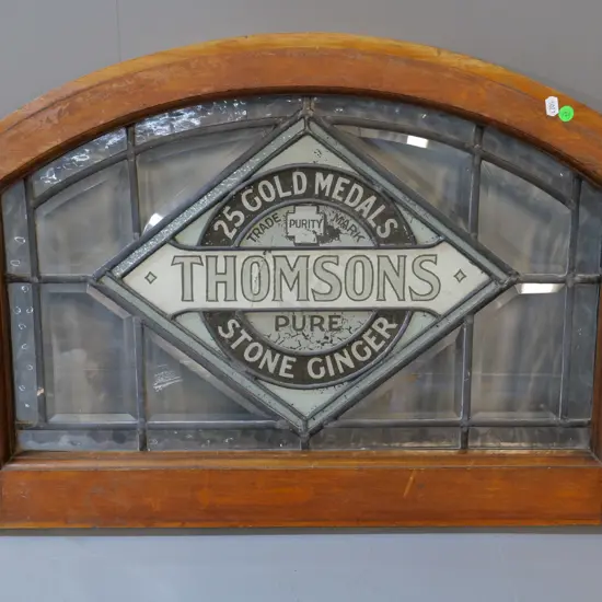 Thomsons advertising soft drink label leadlight glass wood framed window, (glass has been painted)