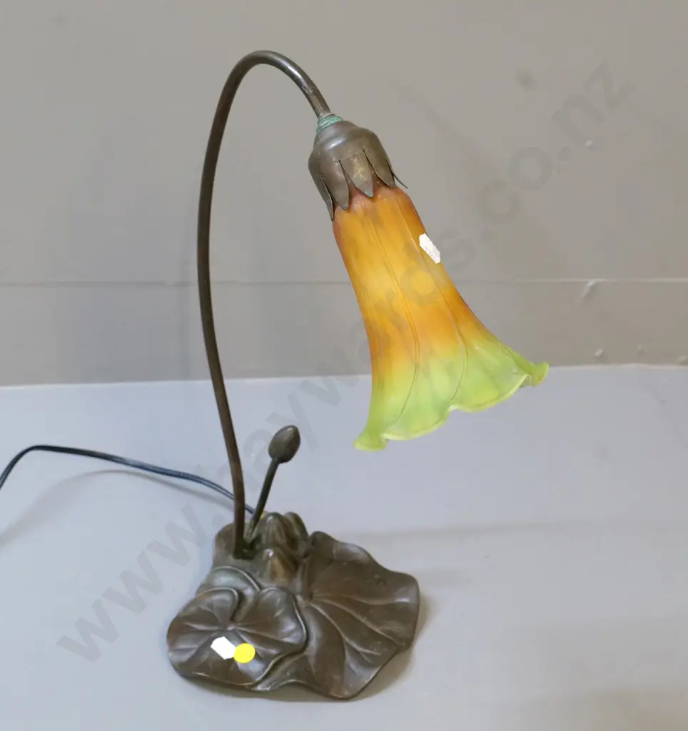 reproduction deco style lily lamp on metal base, w/frosted orange and green shade H-410 Image 1++