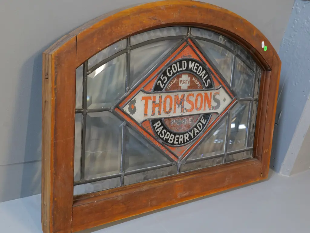 Thomsons advertising soft drink label leadlight glass wood framed window, (glass has been painted) Image 1++