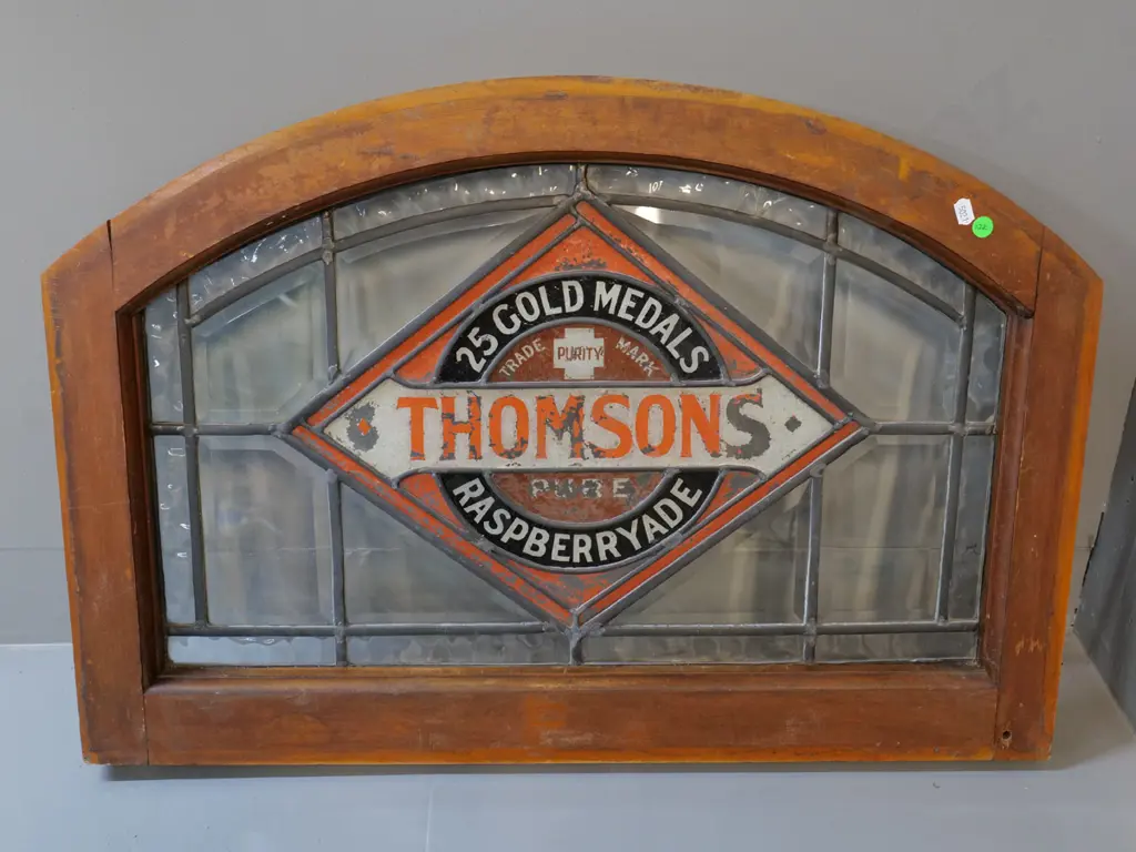 Thomsons advertising soft drink label leadlight glass wood framed window, (glass has been painted) Image 1++