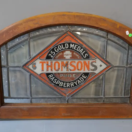 Thomsons advertising soft drink label leadlight glass wood framed window, (glass has been painted)
