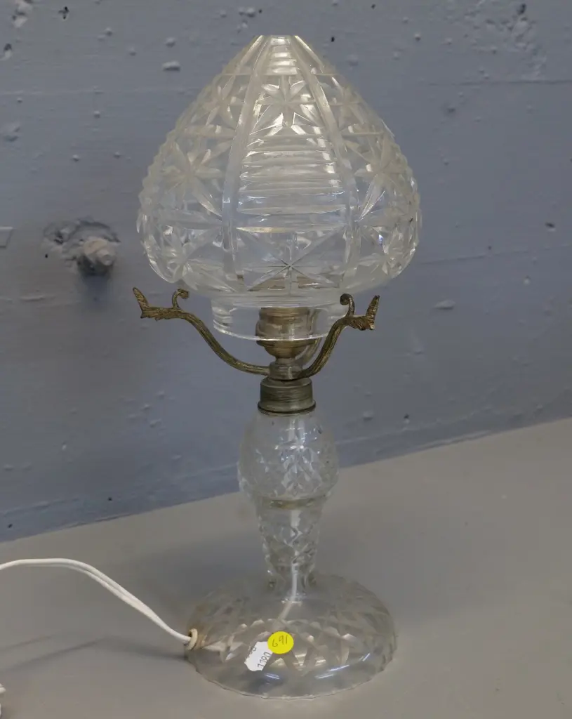 cut crystal table lamp with cast metal shade supports - shade likely not original to lamp H360 D-150 Image 1++