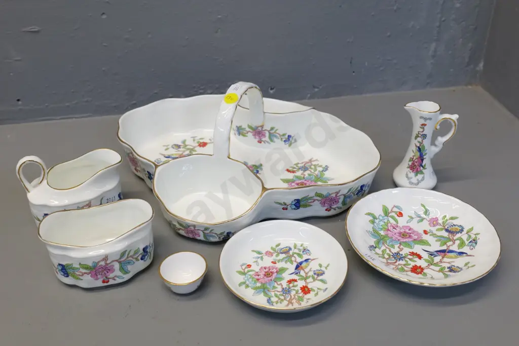 Aynsley Pembroke pattern bone china - handled sectional serving dish, cream & sugar, small jug etc and a tiny Spode bowl Image 1++