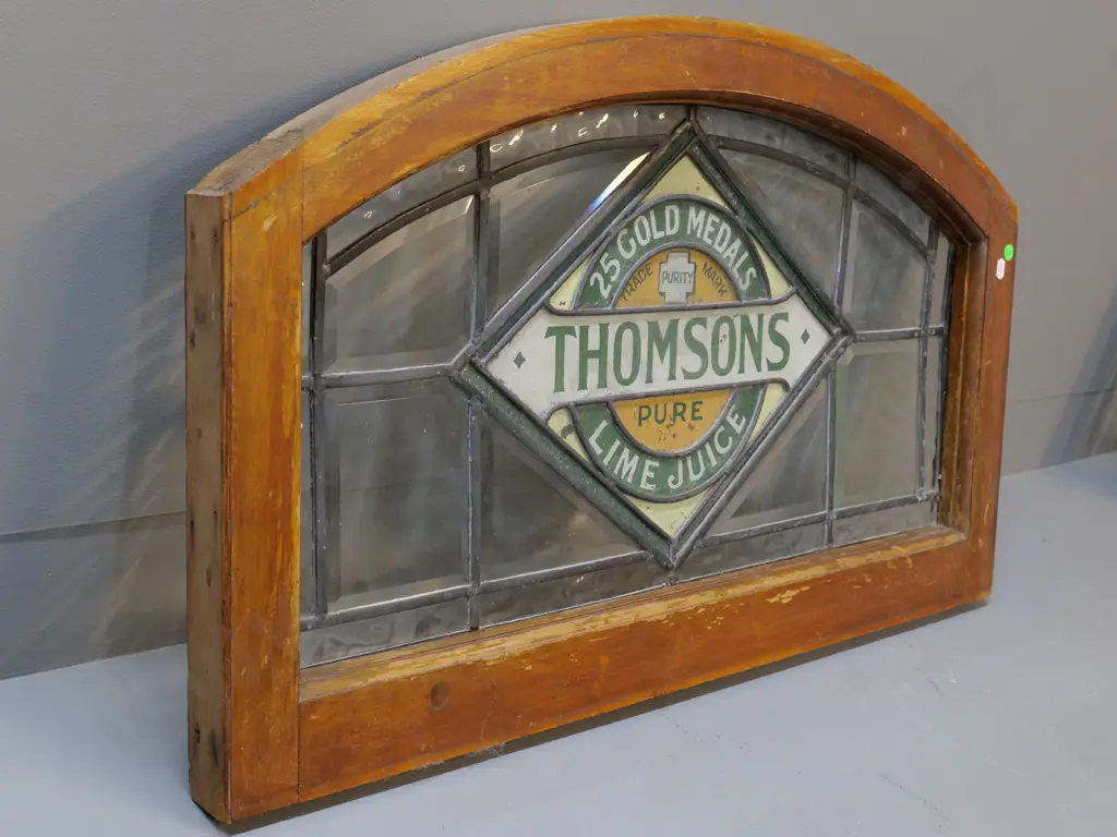 Thomsons advertising soft drink label leadlight glass wood framed window, (glass has been painted) Image 1++