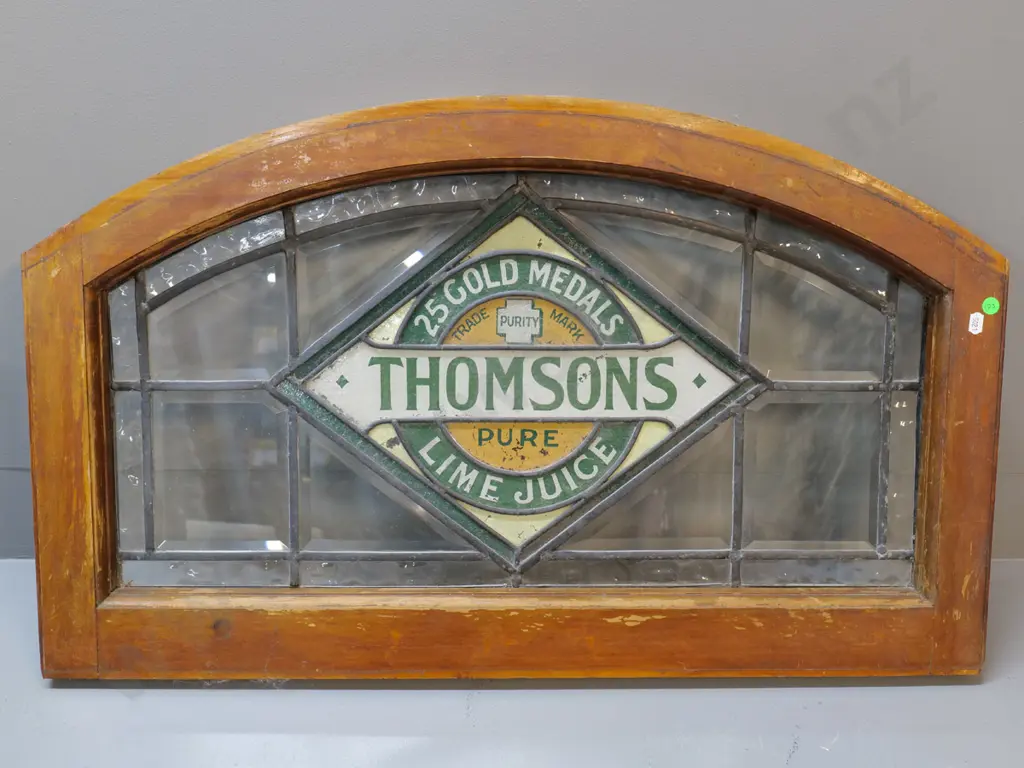 Thomsons advertising soft drink label leadlight glass wood framed window, (glass has been painted) Image 1++