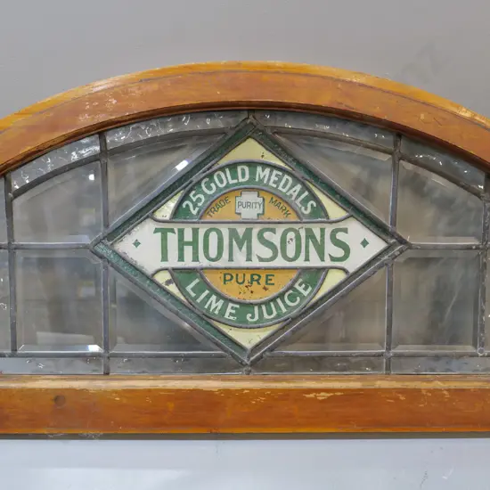 Thomsons advertising soft drink label leadlight glass wood framed window, (glass has been painted)