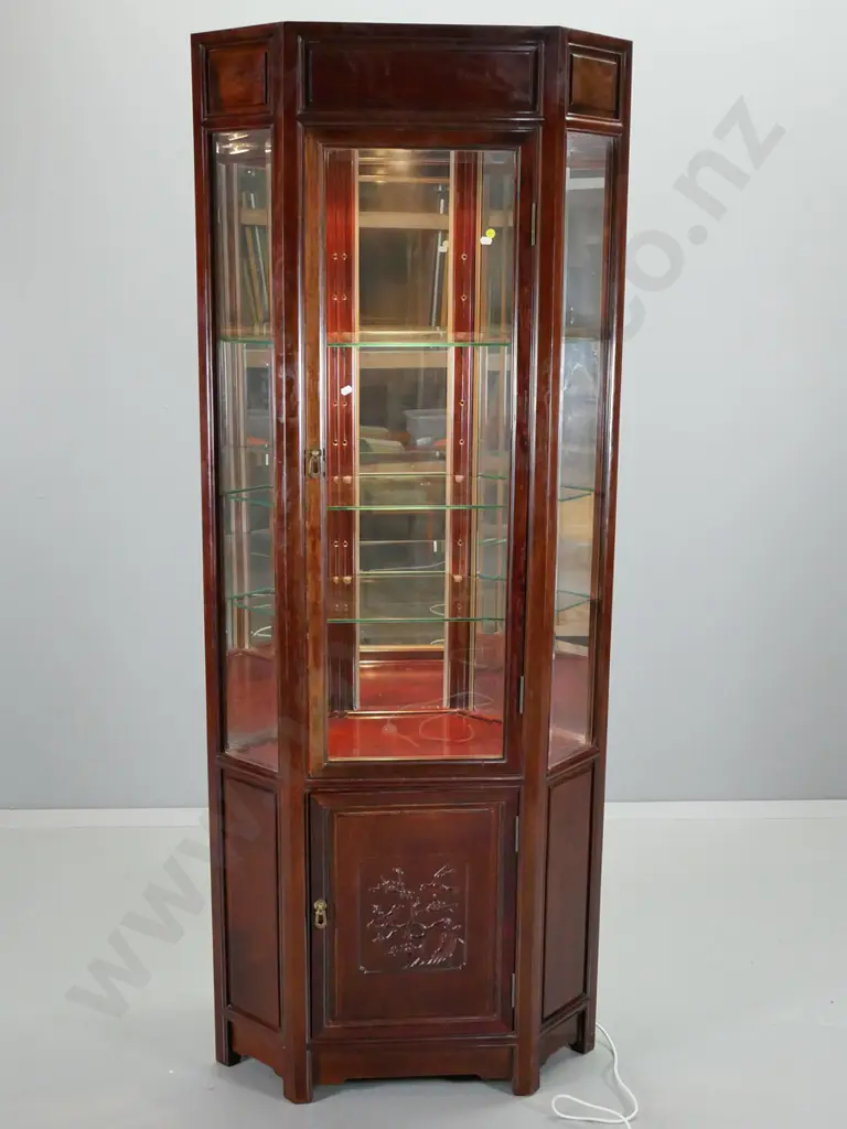 dark stained illuminated corner display cabinet. 3 glass shelves, mirror back, door is jammed H1830 W720 D400 Image 1++