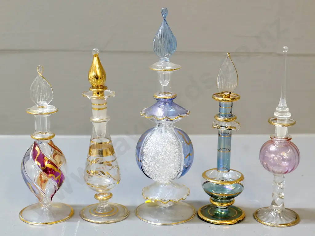 5 fine hand-blown glass stoppered ornamental bottles - tallest is H-180 Image 1++