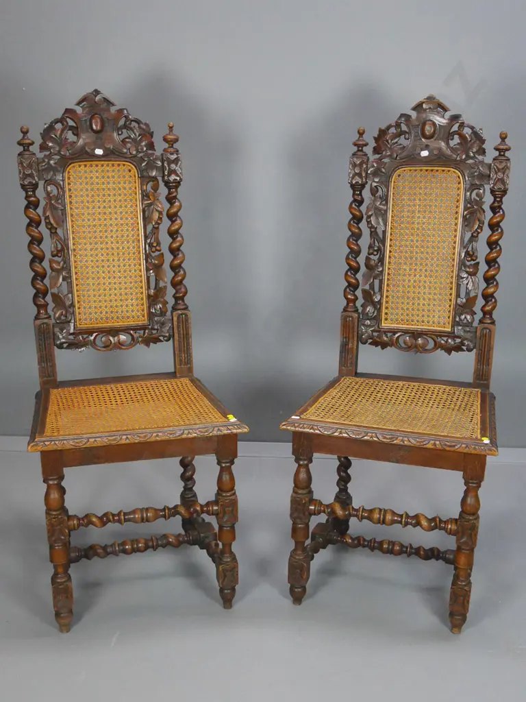 pair of tudor style high-back heavily carved barley twist & bergere cane dining chairs - some movement H1160 W470 D410 Image 1++