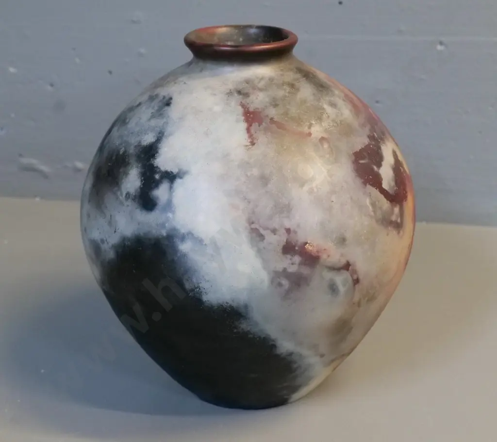 studio pottery vase - pit fired, marked MK on base H-240 D-210 Image 1++