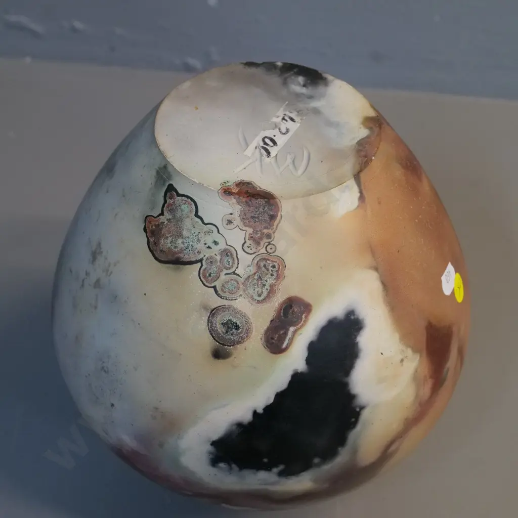 studio pottery vase - pit fired, marked MK on base H-240 D-210 Image 1++