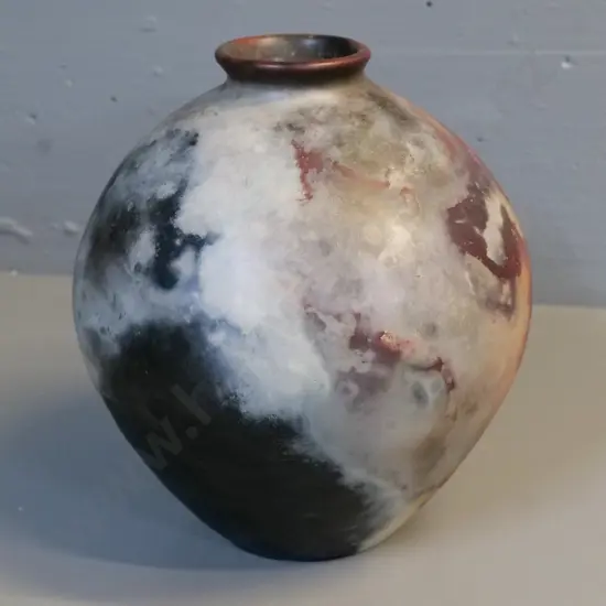 studio pottery vase - pit fired, marked MK on base H-240 D-210