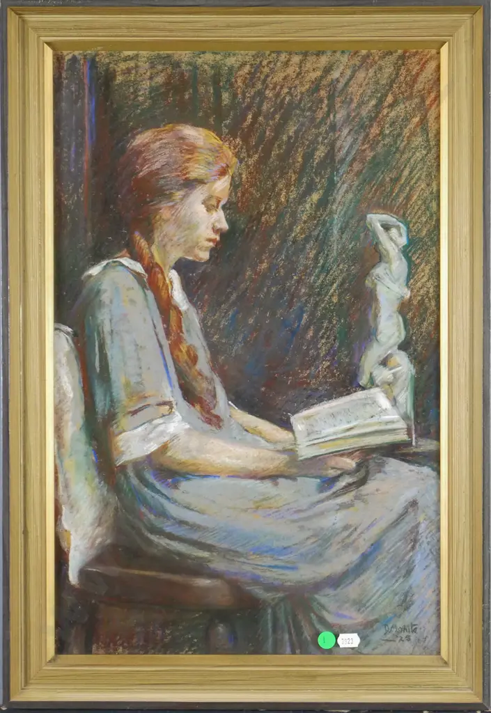 Daisy M White - framed pastel " A Student of the Classics" H-480 W-310 Image 1++