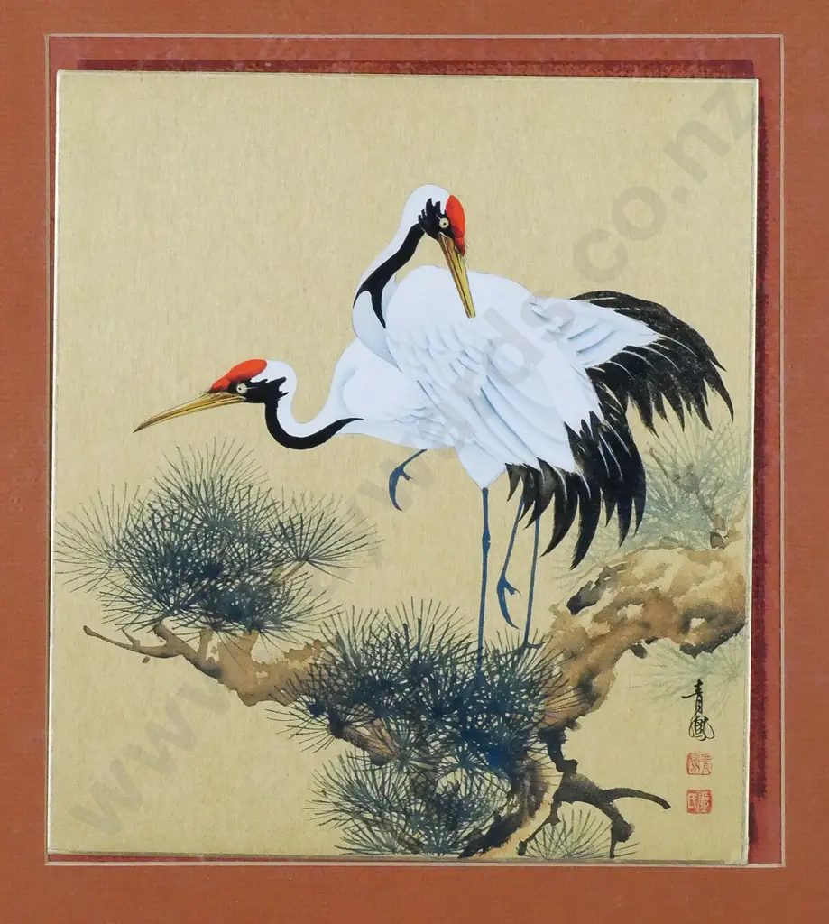 framed Japanese watercolour - herons H-250 W-240 (framing needs attention) Image 1++