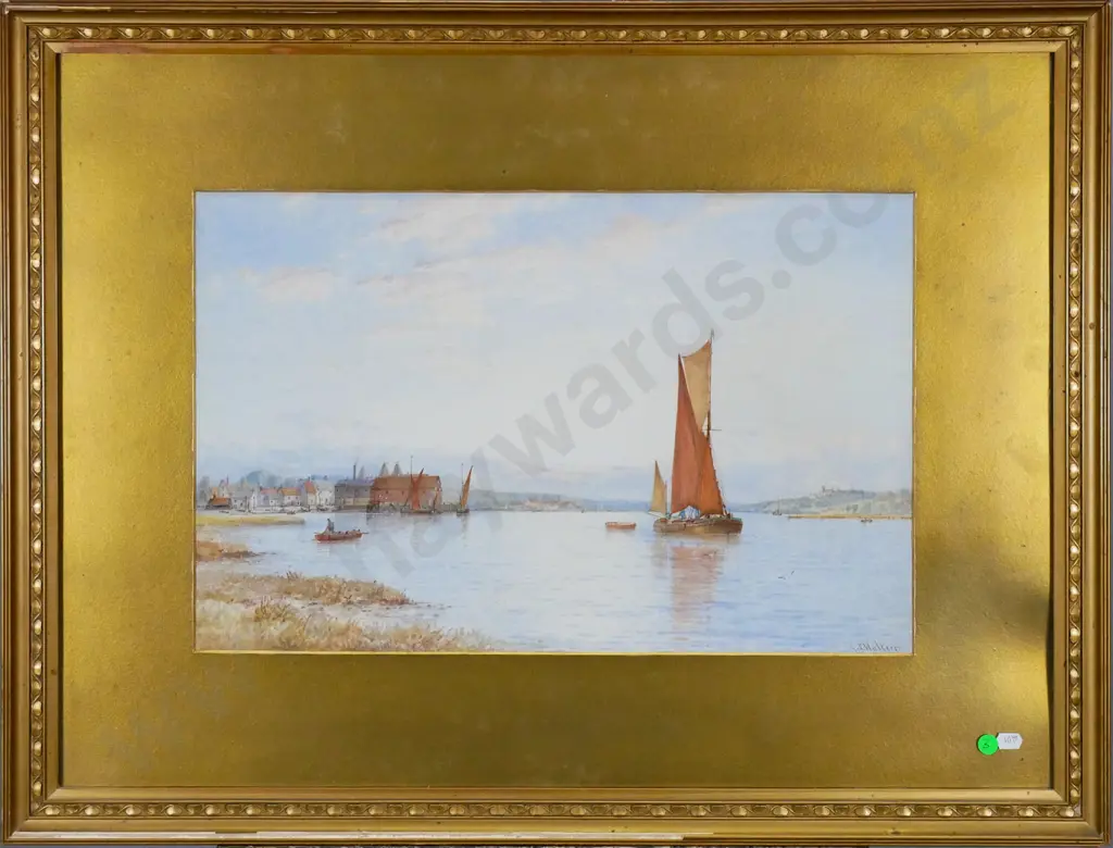GS Walters - framed watercolour - boats on river (underside of glass needs cleaning, framed needs attention) H-320 W-500 Image 1++