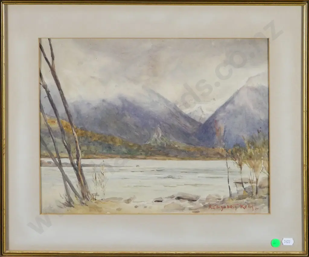 A Elizabeth Kelly - framed watercolour - river and mountain scene H-280 W-360 Image 1++