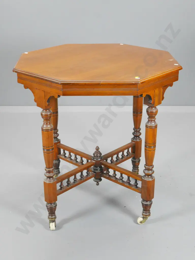 vintage kauri octagonal occasional table w/spindle cross base, on original porcelain casters H760 720 x720 Image 1++