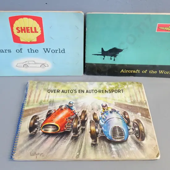 3 collector card albums - Shell Aircraft / Cars of the World & German album w/cars from 1872 to 1956 - full minus one